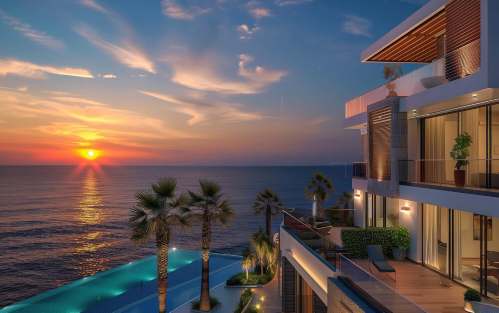 Seaside resort accommodation building,created with Generative AI tecnology.